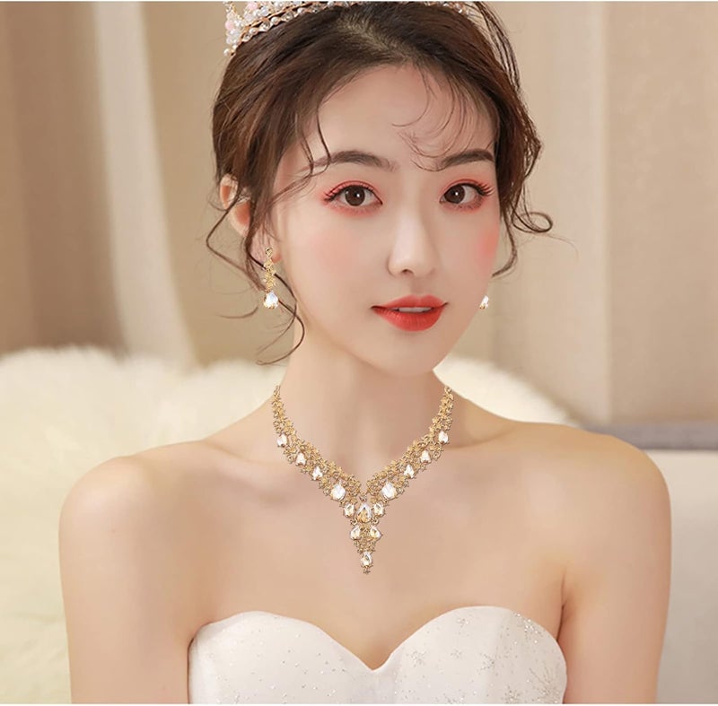 CSY Elegant Crystal Costume Jewelry Sets Flower Bridal Necklace Earrings Stretch Bangle Set for Bride Bridesmaid Wedding Dress Accessories - Image 2